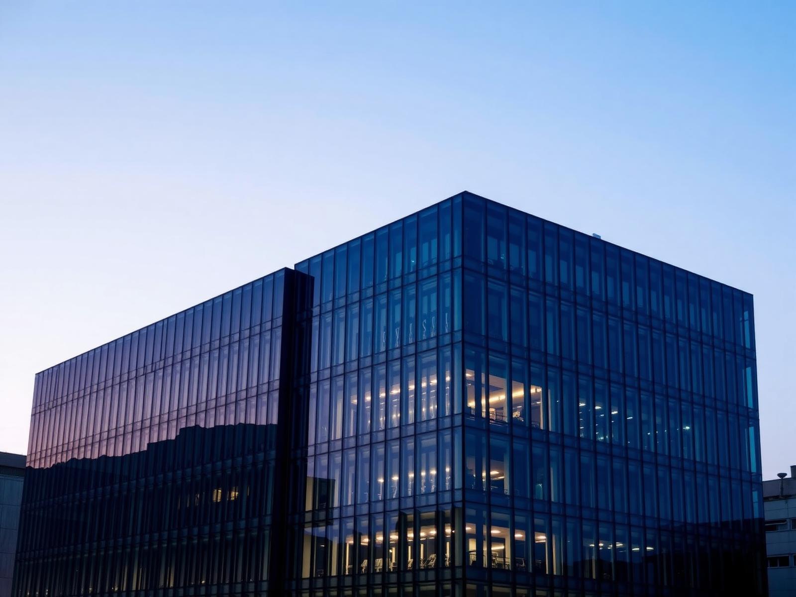 Modern corporate office building at dusk